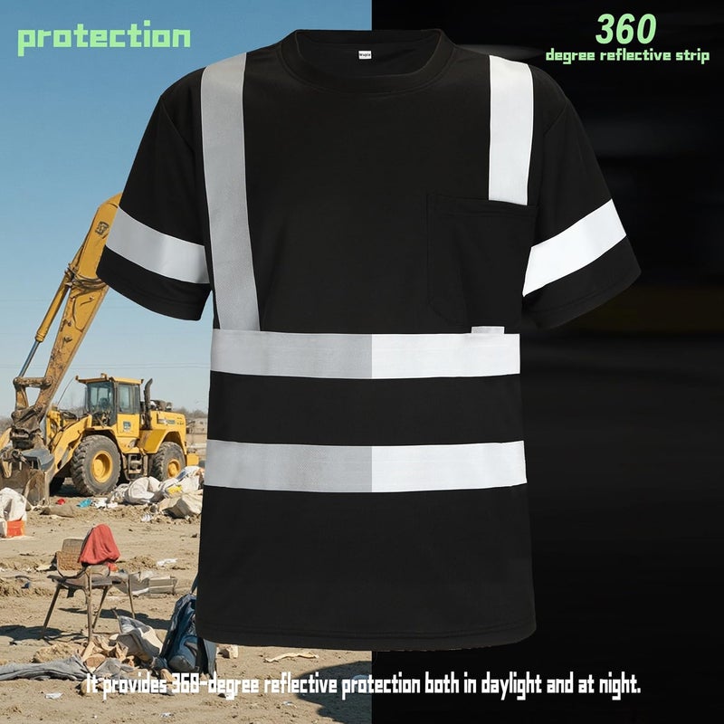 Wuple Store Safety Shirts for Men Construction Short Sleeve Quick Dry with Pocket Workwear, Class 3 High Visibility Shirts with Reflective Strips Black L 3PCS - Image 3